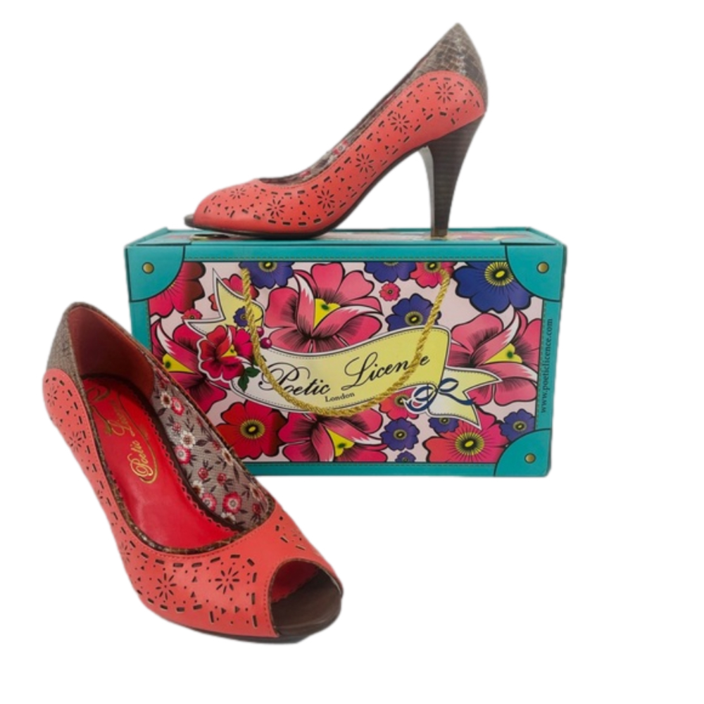 Anthropologie Coral and Brown Cut-Out Heels